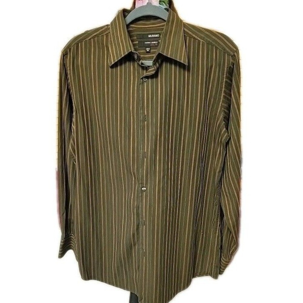 Murano Shirt Mens Medium Brown Stripe Long Sleeve Button Up Cotton